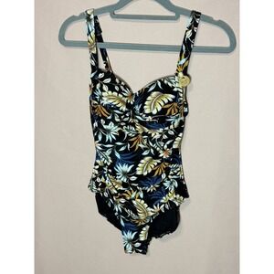 NWT NIP TUCK SWIM One Piece Sz 4 Swimsuit Black Tropical Multifit Cup